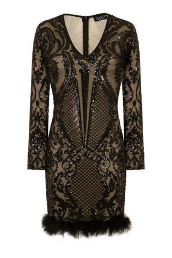 Valentina Black Luxe Brocade Sequin Plunge Feather Dress