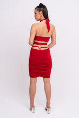 Best Assets Red Slinky Ruched Halterneck Tie Back Two Piece Co-ord Set