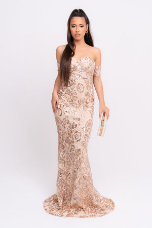 Flora White Luxe Deep Plunge Tie Side Floral Lace Sequin Embellished Maxi  Dress by Nazz Collection