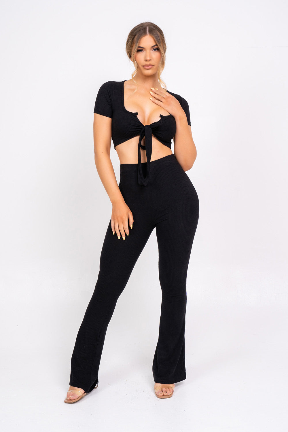 Never Endin' Black Ribbed Two Piece Tie Front Top High Rise Flare Wide –  Nazz Collection