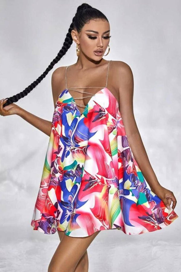 Ibiza Multicolour Floral Print Diamante Chain Floaty Mini Dress