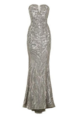 Lavish Silver Luxe Sweetheart Mesh Plunge Petal Sequin Fishtail Dress