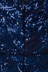 Lavish Navy Luxe Sweetheart Mesh Plunge Petal Sequin Fishtail Dress