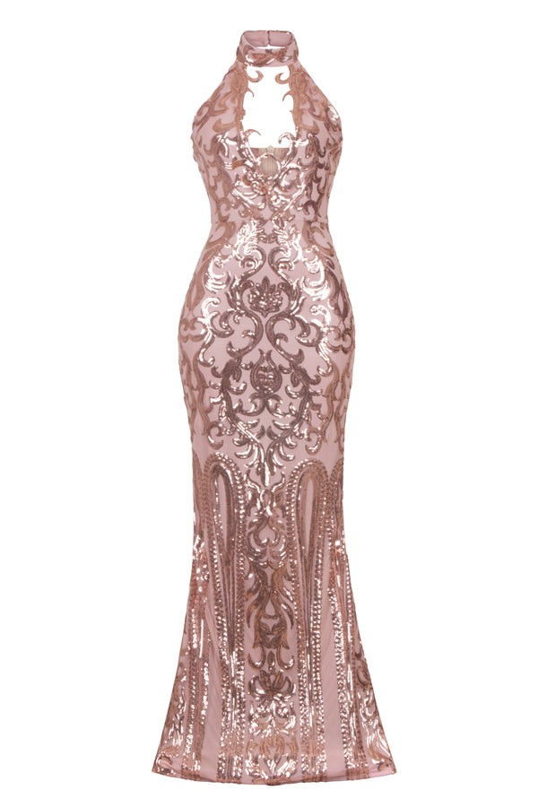 Majesty Luxe Rose Gold Keyhole Victorian Sequin Illusion Maxi Dress