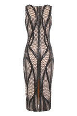 Iconic Luxe Black Cage Sequin Bandage Illusion Midi Pencil Dress