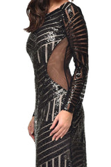 Penelope Black Geometric Sequin Backless Mesh Fishtail Maxi Dress