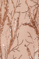 Candice Luxe Tree Rose Gold Nude Sequin Leaf Sheer Bodysuit Midi Dress